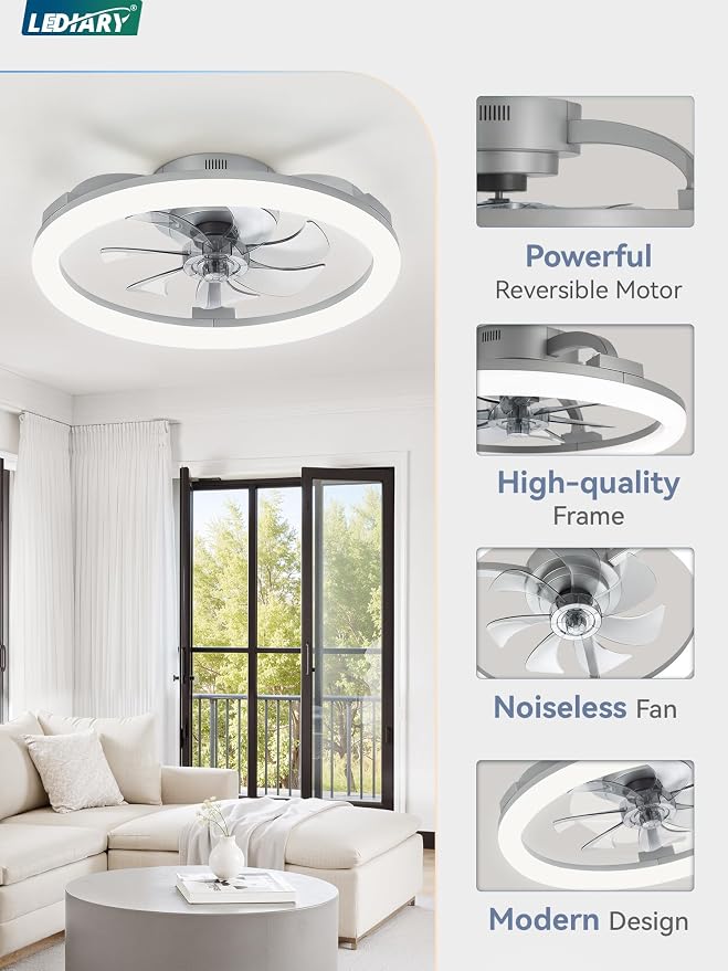LEDIARY 20 Inch Low Profile Ceiling Fans with Lights and Remote, Dimmable Modern Fan Light(3000K-6000K), 6 Speed, Reversible, APP & Remote Control, Flush Mount Ceiling Fan for Bedroom, Grey