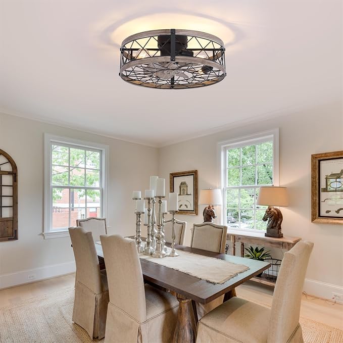 24" Farmhouse Caged Ceiling Fans with Lights Flush Mount, Rustic Low Profile Ceiling Fan with Light and Remote, Quiet Reversible DC Motor Bladeless Enclosed Ceiling Fan for Bedroom Kitchen Dining Room
