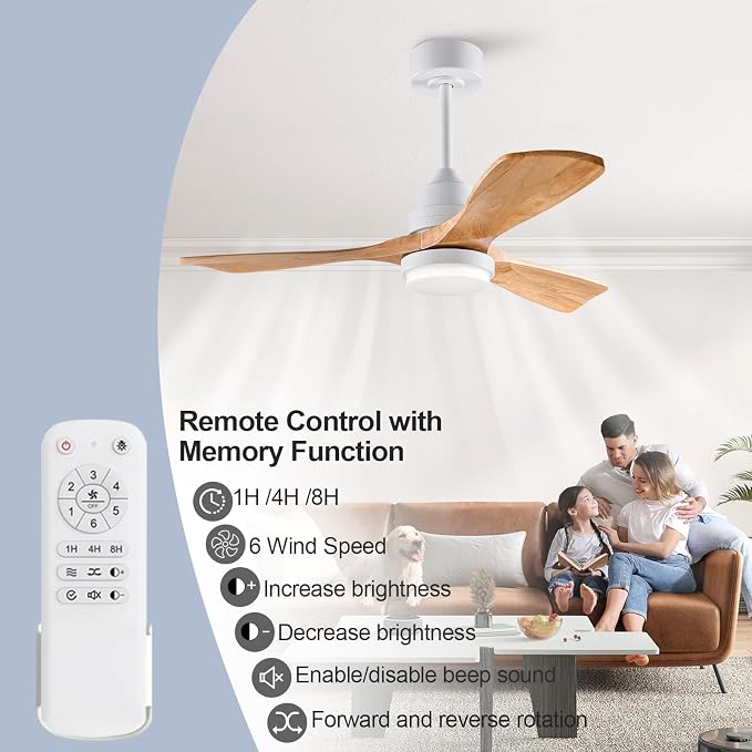 42 Inch Outdoor Ceiling Fans with Lights and Remote Control, Dimmable Outdoor Ceiling Fans for Patios 3 Blade Wood White Natural Wood Bedroom Ceiling Fan with Light, Wall Switch