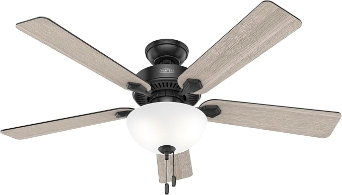 Hunter Swanson, Indoor, Ceiling Fan, with LED Light, 52 inch, Matte Black | Standard Mount, Pull Chain, 5 Blades, For Bedroom, Living Room, Kitchen, 51738