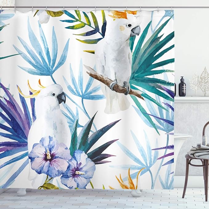 Ambesonne Tropical Shower Curtain, Watercolor White Parrot Birds on Palm Tree Branches Leaves Exotic Nature Art, Cloth Fabric Bathroom Decor Set with Hooks, 69" W x 75" L, Purple Green