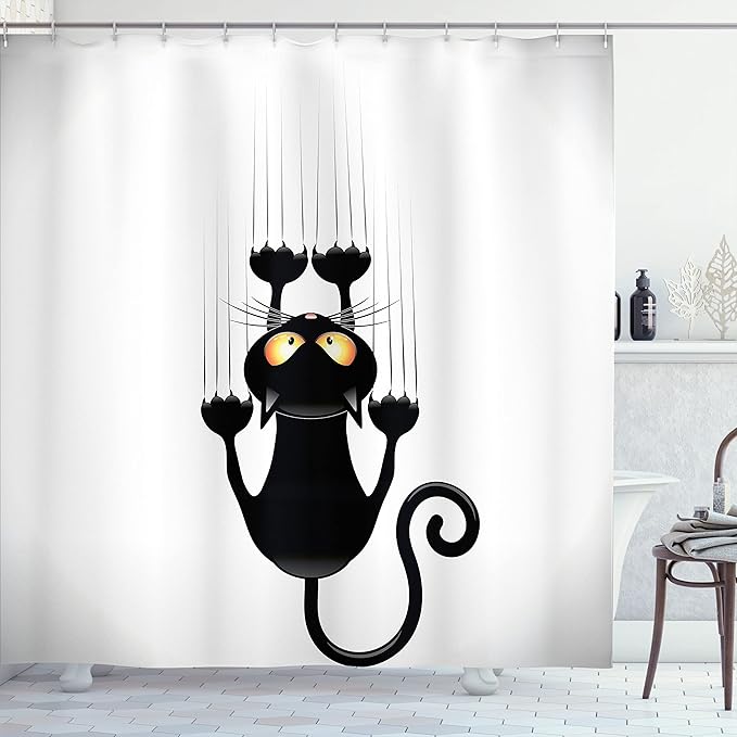 Ambesonne Funny Shower Curtain, Naughty Cat Scratching The Wall with His Paws Grumpy Feline Humorous Kitten Graphic, Cloth Fabric Bathroom Decor Set with Hooks, 69" W x 75" L, White and Black