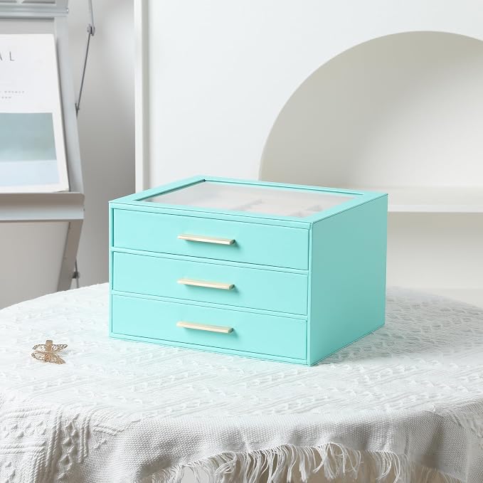 Frebeauty Jewelry Box for Women,Clear Lid Jewelry Organizer with 3 Drawers | Faux Leather,Velvet Lining,3 Layers,Jewelry Storage for Ring Earring Stud,Dustproof Design,Gift Choice,Golden Stylish Handle