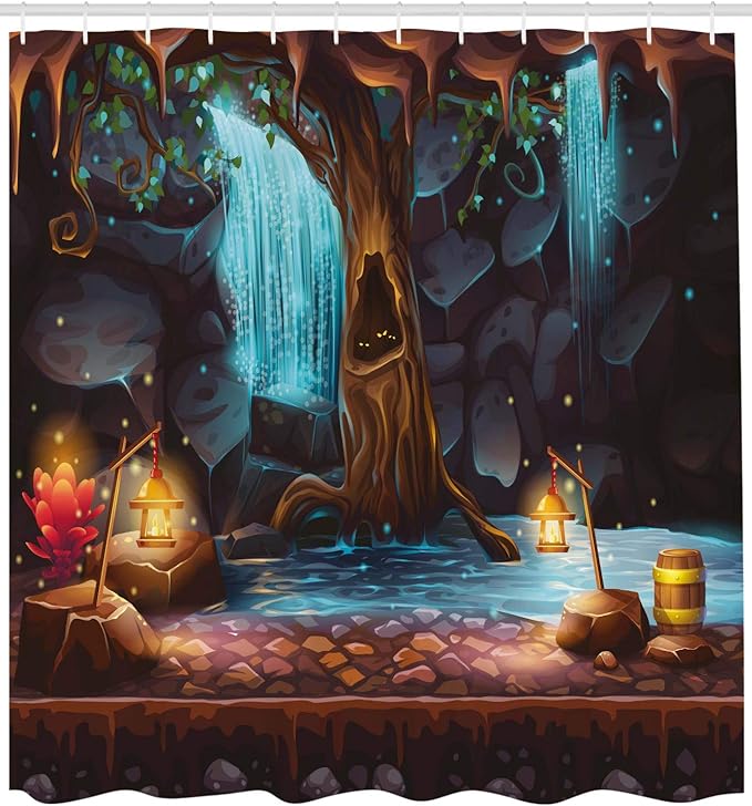 Ambesonne Fantasy Shower Curtain, Enchanted Forest with Cave Waterfall and Magic Tree Cask Colorful Elf Image, Cloth Fabric Bathroom Decor Set with Hooks, 69" W x 70" L, Brown Blue