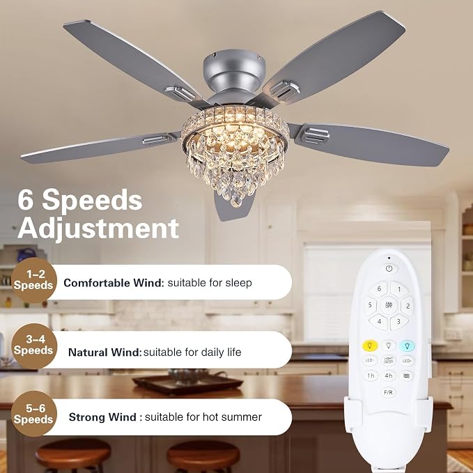 Crystal Ceiling Fan Fandelier with Lights-Ceiling Fans with Lights,50" Low Profile and Remote Control, Flush Mount, Reversible, Dimmable, Noiseless, Sliver Ceiling Fan for Bedroom