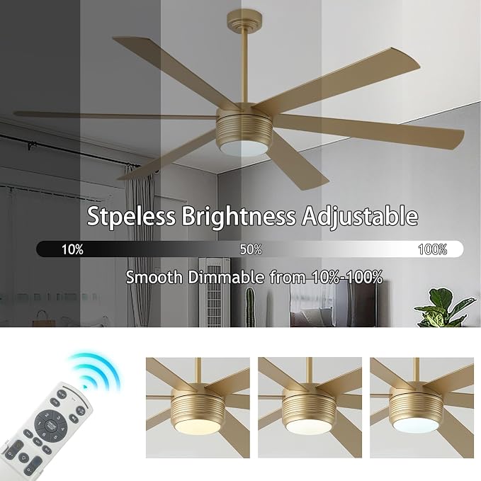 SHOWDI Gold Ceiling Fans with Lights and Remote, Quick Installation, 72 in | 2 Blade Color, Metal Material, App Remote Control, Timer, Reversible, 3CCT, Dimmable for Bedroom, Living room, Indoor