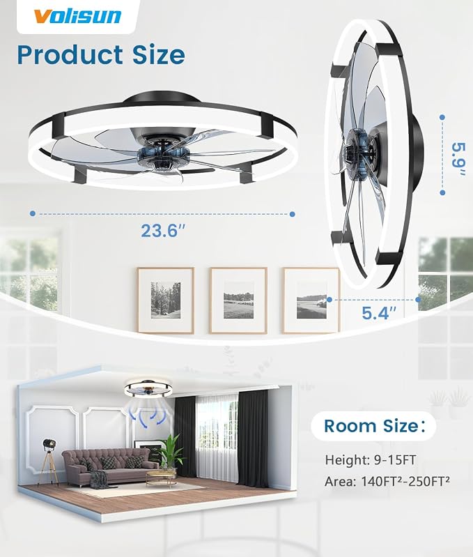 VOLISUN Low Profile Ceiling Fans with Lights and Remote, 23.6in Flush Mount Ceiling Fans with Light, 3000K-6500K Dimmable Fandelier Ceiling Fan, Black Bladeless Ceiling Fan for Bedroom