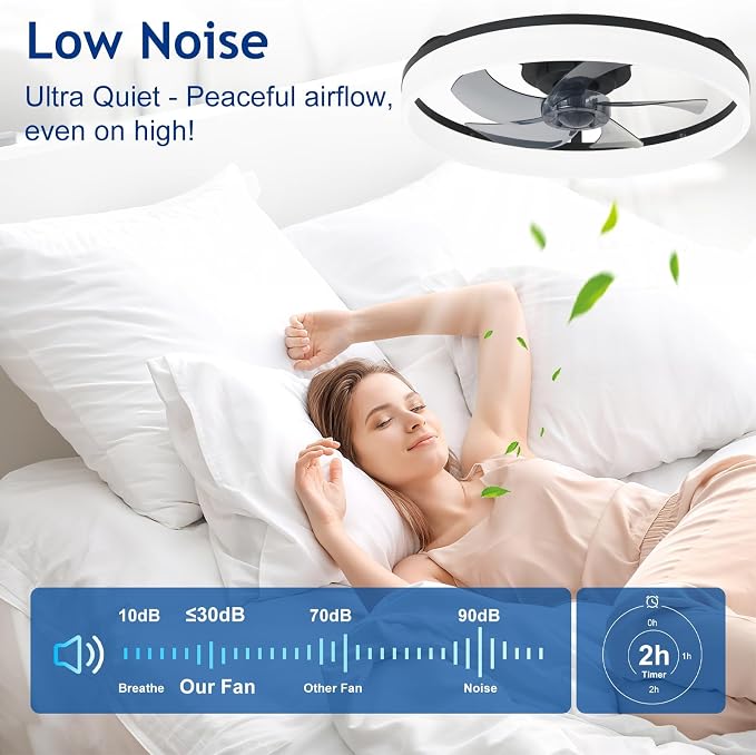 DLLT Low Profile Ceiling Fan: 20" Modern Flush Mount Ceiling Fans with Lights for Bedroom - Black LED Bladeless Fandelier with APP Remote Control 3000K-6500K Quiet DC Motor for Kids Room Living Room