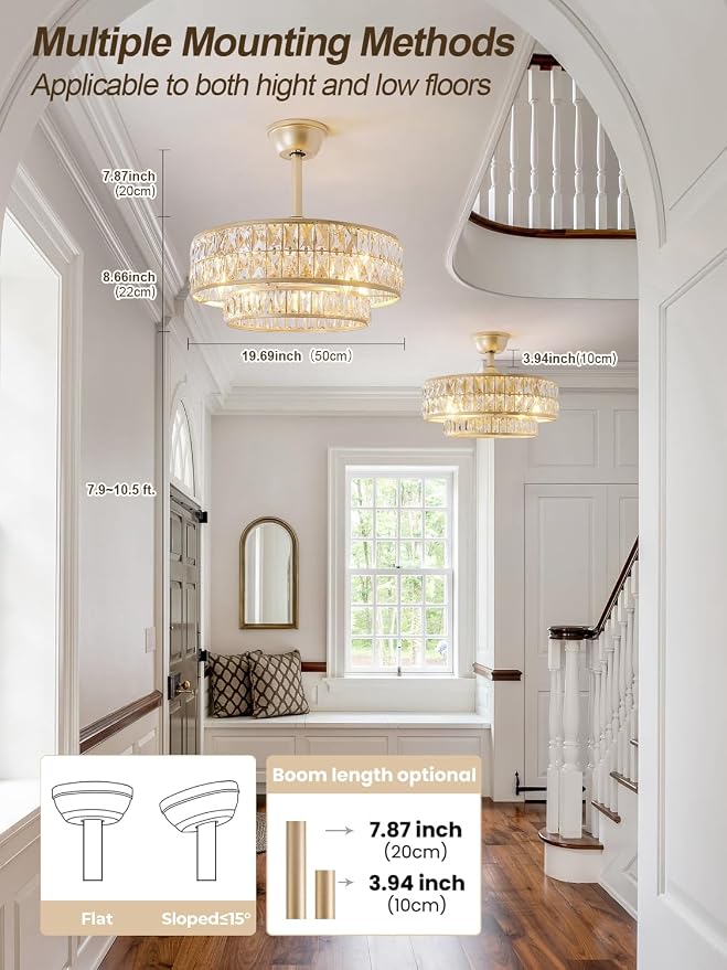 Gold Fandelier Ceiling Fan with Light,20" Crystal Chandelier Ceiling Fans with Lights and Remote Control,Modern Caged Flush Mount Fandelier with 6 Speeds for Living Room Bedroom Nursery