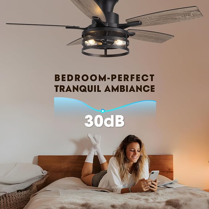 42 Inch Flush Mount Ceiling Fans with Lights and Remote Control, Farmhouse Ceiling Fan with LED Lighting for Bedroom Living Room and Patio, Black Caged Ceiling Fan for Indoor and Outdoor(NO Bulbs)