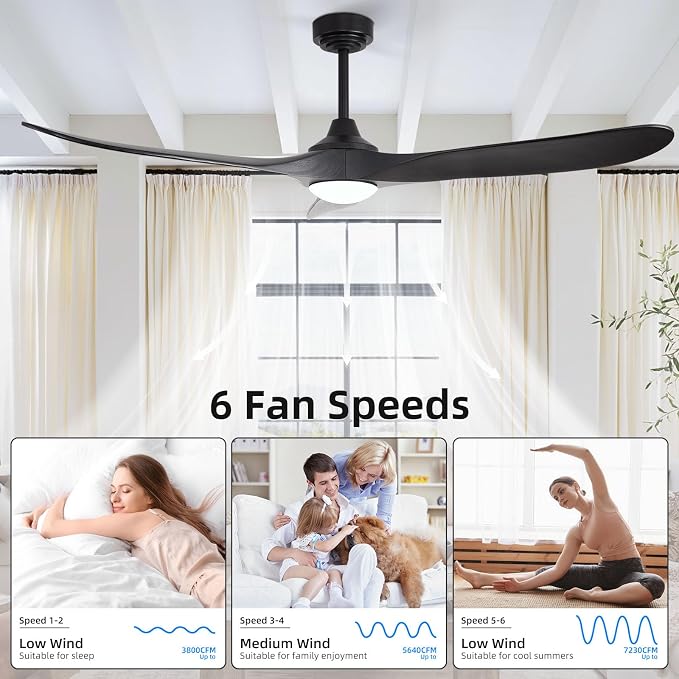 60” Outdoor Ceiling Fan with Light 3 Downrods, Smart Wood Ceiling Fan Compatible with Alexa/Google/App, 3 Blades Modern Black Wood Ceiling Fans for Kitchen Living Room Patio