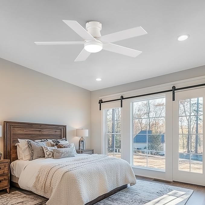 OURSTAR Ceiling Fans with Lights and Remote Control, White Low Profile Ceiling Fan with Light 3-Color LED Dimmable, Memory for Lighting and Fan Reversible, 6-Speed, Timer, Indoor/Outdoor Use, 47 Inch