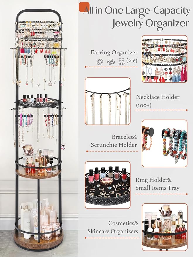 Jewelry Holder Organizer, Floor Jewelry Organizer with Earring Organizer Necklace Holder, Rotating Jewelry Stand Necklace Display Earring Storage, Large Hanging Jewelry Tree for Jewlery Bracelet Ring