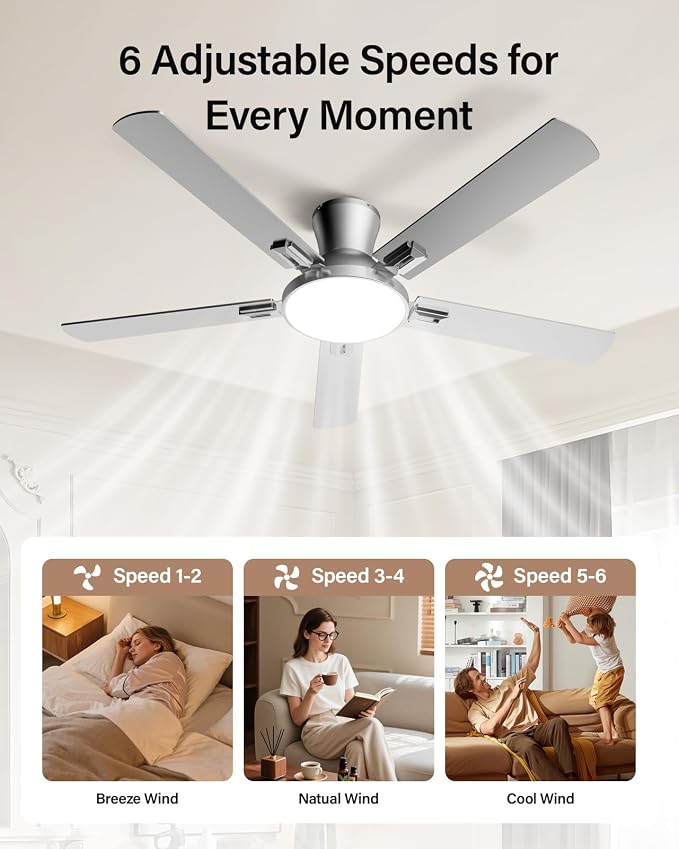 52 Inch Ceiling Fans with Lights and Remote, Flush Mount Low Profile Smart Ceiling Fan with WIFI Alexa App Control, Quiet Reversible DC Motor, 6 Speeds, Dimmable LED Light, Nickel