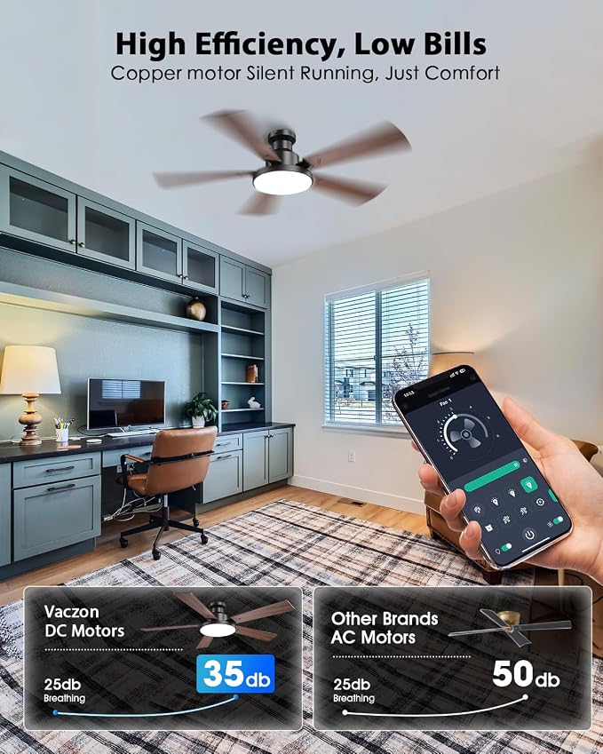 52 Inch Low Profile Black Ceiling Fan with Lights, 12.2'' Large 3CCT LED Light Panel, APP & Remote, 6-Speed Quiet Reversible DC Motor, Modern Flush Mount Ceiling Fan for Bedroom Living Room
