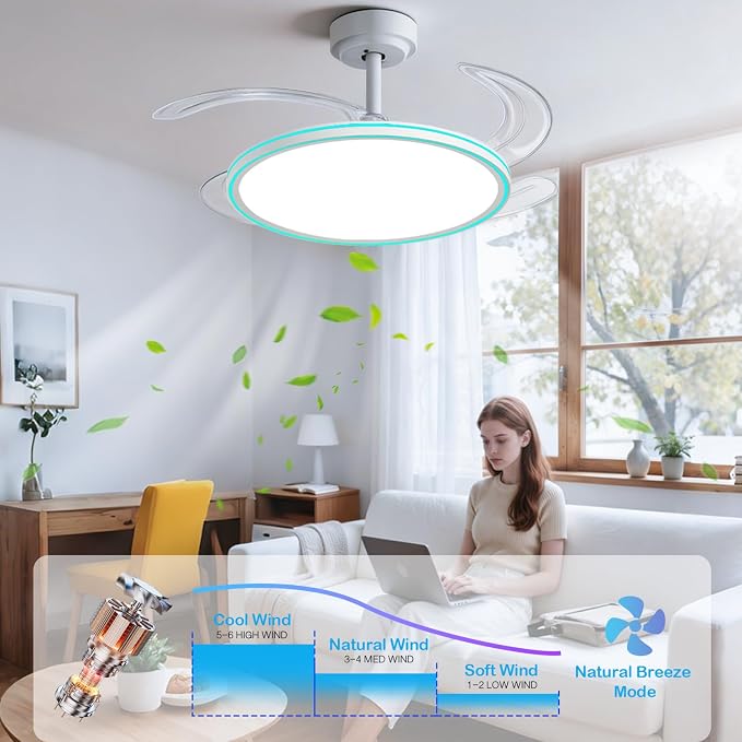 BAYSQUIRREL Slim Retractable Ceiling Fan, 42 Inch Low Profile Ceiling Fan with Remote Control, Dimmable Full Spectrum with Memory, 6-Speed Reversible Fan, White