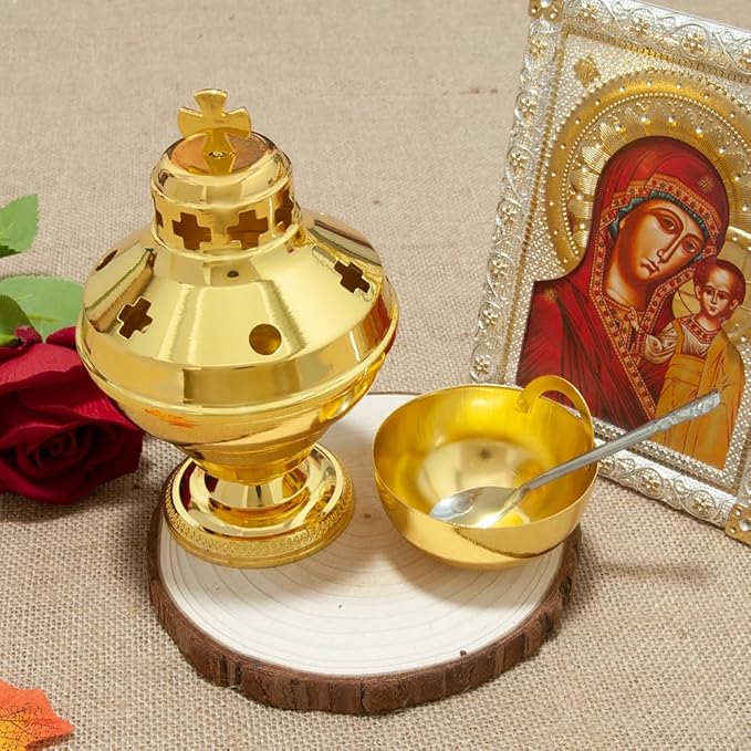Orthodox Church Mass Supplies Greek Style Incense Burner Holy Grail with Spoon Religious Gift Altar Decoration (Incense Burner)