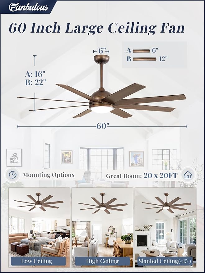 Ceiling Fans with Lights, 60 inch Large Ceiling Fan with Light and Remote, Outdoor Bronze Ceiling Fan for Living Room Patio, 6 Speeds, Reversible Quiet DC Motor, 3 CCT, Bi-Color 8 Blades