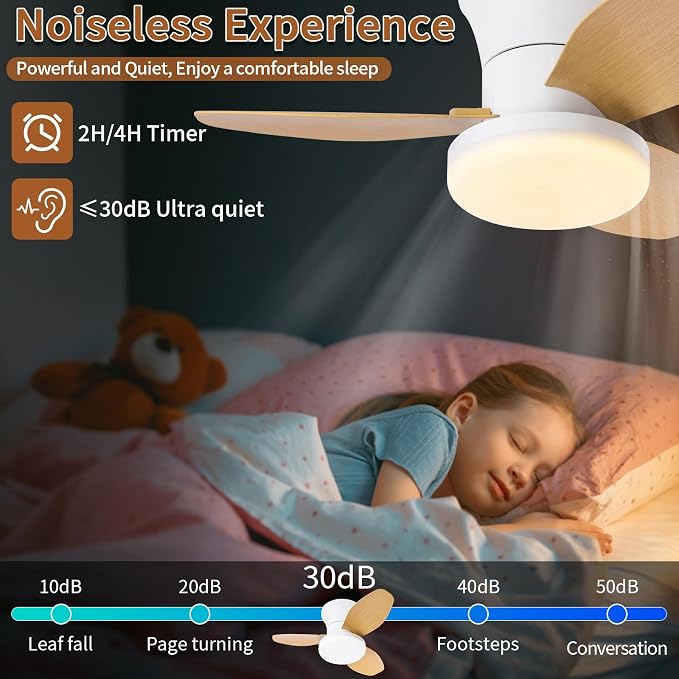 Small Ceiling Fan with Lights, 25 Inch Flush Mount with Remote Control, Reversible Quiet DC Motor, 3 Blades, 6 Speeds, Dimmable LED, Adjustable Color Temperature, Timer
