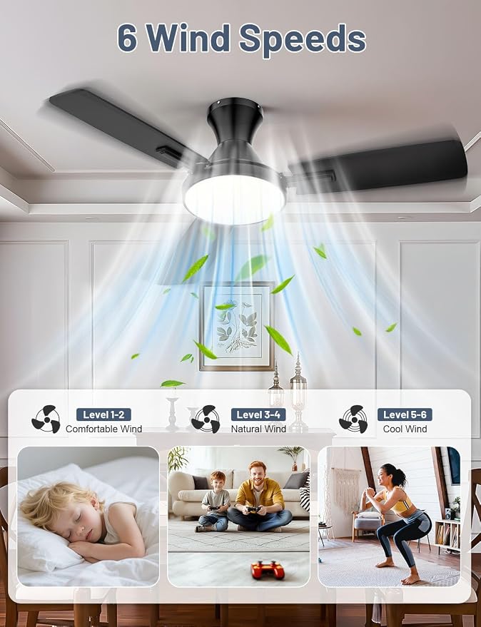 Ceiling Fan with Lights, 42” Ceiling Fan with Light and Remote/APP Control, 2700-6500K CCT Adjustable, Stepless Dimmable, Quiet Reversible Motor, Flush Mount LED Fans Light for Bedroom Living Room