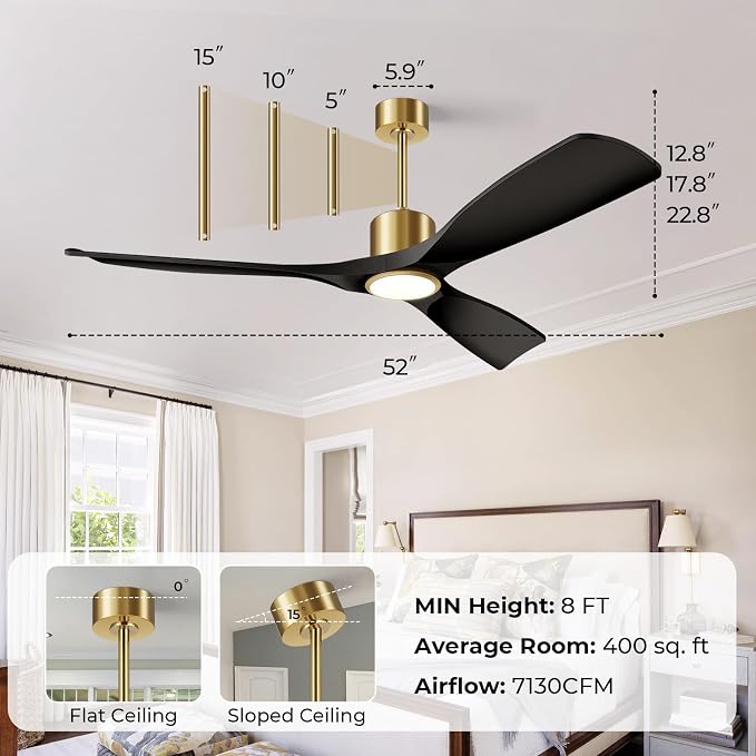 Ceiling Fans with Lights, Ceiling Fans with Lights and Remote Control, 52 inch Ceiling Fan with Light, Outdoor Ceiling Fans for Patios 3 Blade Bedroom Living Room-Matte Black and Gold