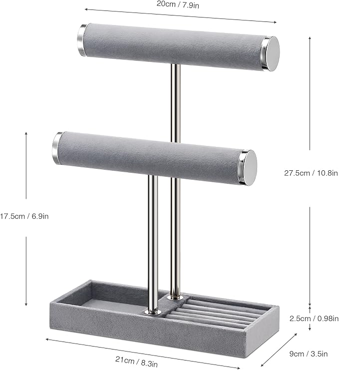 bussdis 2 Tier Bracelet Holder Display, Necklace Holder Organizer, Grey | Velvet Necklace Holder | Jewelry Tree | Jewelry Towers | Jewelry Stand Organizer for Necklaces, Bracelets, Earrings, Rings