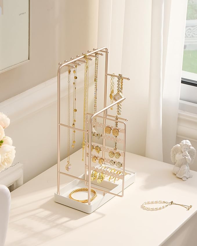 ProCase Jewelry Stand Holder Organizer and Storage, Champagne (No-Assembly) | Rotating Earring Bracelet Holder Storage, Hanging Jewelry Display Velvet Ring Tray, Teen Girls Birthday Gifts Room Dorm Decor