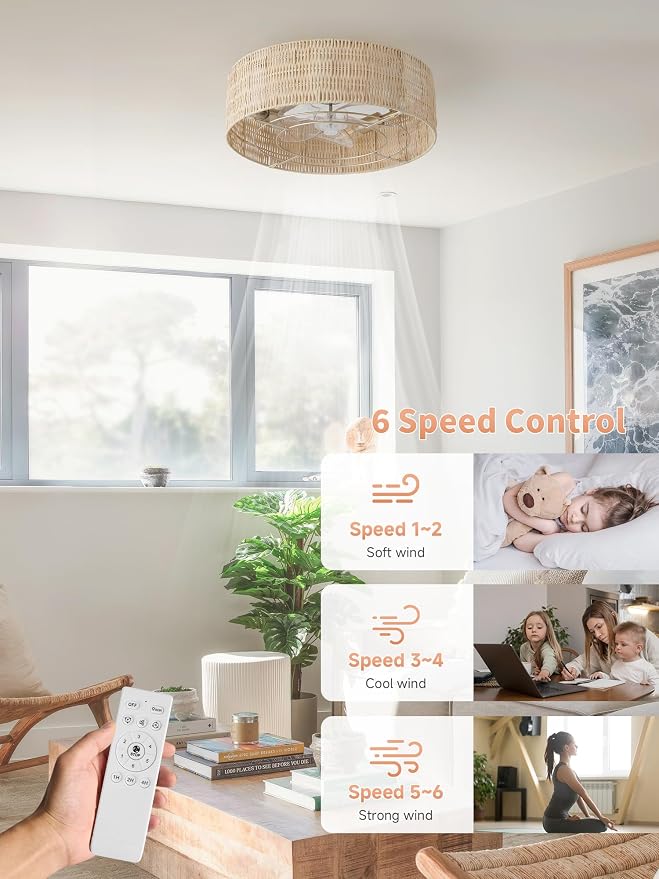 Caged Ceiling Fans with Lights Flush Mount, 20" Rattan Boho Ceiling Fan with Light Remote Control, Enclosed with 6 Speeds for Bedroom, Nursery, Living Room (Beige)