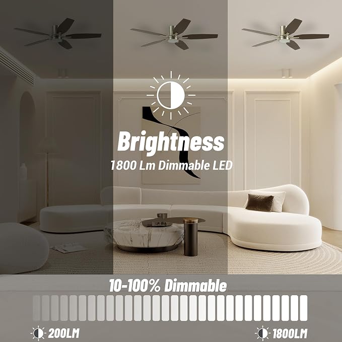 52" Flush Mount Ceiling Fan - 5 Blades Ceiling Fan with Light for Living Room and Bedroom - 5000 CFM - Quiet DC Motor - Dimmable - Reversible Function - Light Wood Tone/Dark Brown