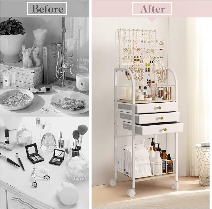 Keebofly Large Floor Jewelry Organizer Stand with 3 Drawers - White | Mobile Jewelry Tower Holder with Display, Large Capacity Rack for Necklaces & Rings, Perfect Storage Gift for Women