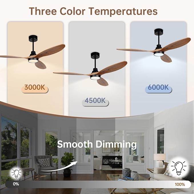 Ovlaim 52 Inch Wood Ceiling Fan with Light Remote Control, Quiet DC Motor, 3 Blades Indoor Ceiling Fan for Bedroom Living Room, ETL Listed