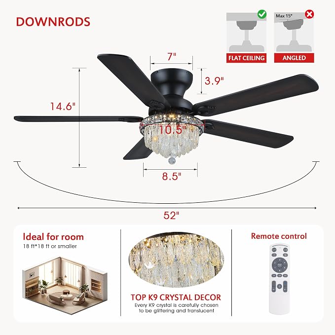 GJeg Crystal Ceiling Fan Fandelier with Lights-Ceiling Fans with Remote Control,Modern Ceiling Fan with Noiseless DC Reversible Motor,Dining Room,Living Room(52" Black)