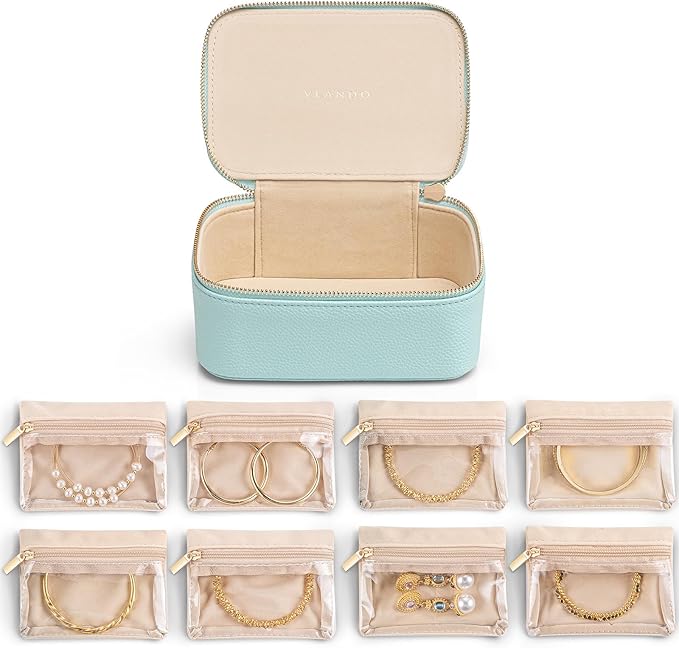 VLANDO Jewelry Travel Case,Travel Jewelry Organizer with Clear Velvet Jewelry Bags 8Pcs Zipper Pouch for Women Girl Gift-Lake Blue