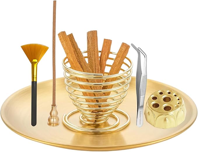 SIGZKK 7-in-1 Incense Stick Holder, Palo Santo Sage Holder, Incense Burner for Sticks/Coils/Cones, 5.5 inches Brass Ash Catcher with Brush and Tweezers, Meditation Yoga Spa Zen Decor (7)