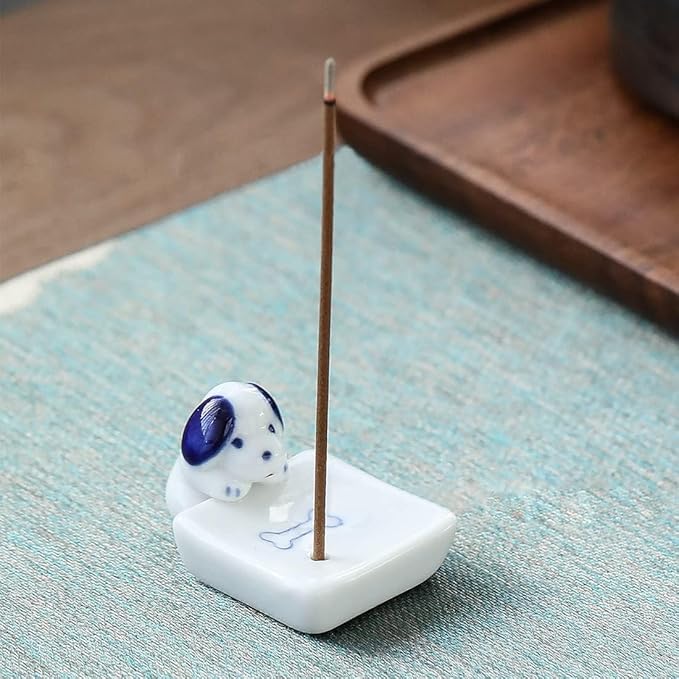 Set of 2, Japanese Mini Cute Kitty Cat with Dog Handmade White Ceramic Incense Stick Holder or Incense Burner Holder, Inscent Tray for Home Decor Yoga Spa Meditation, 1.42 inches