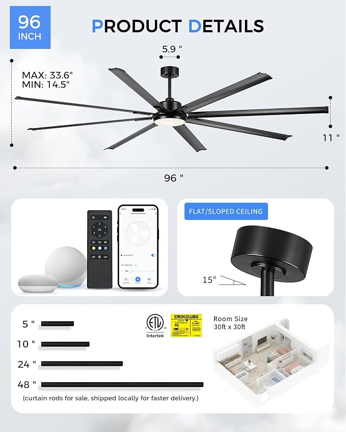 96-Inch Industrial Ceiling Fan with Lights and Remote - Extra Large Indoor Fan with 8 Aluminium Blades,Smart Fan Works with Voice Control,Model:ZCCF04BK-96