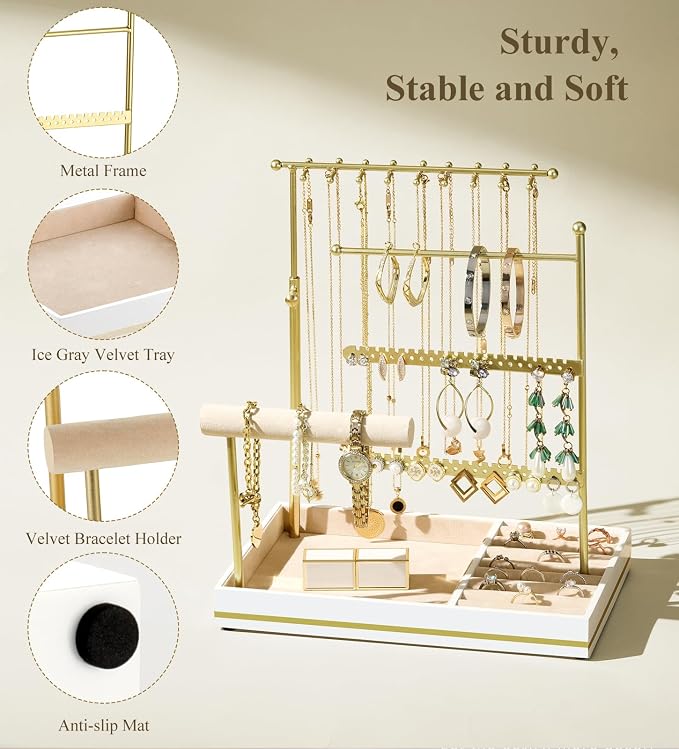 Emibele Jewelry Necklace Holder, 5 Tier Jewelry Organizers and Storage | Earring Bracelet Holder, Jewelry Display with Metal Frame Velvet Ring Tray, Aesthetic Jewelry Stand Gifts for Women, Gold