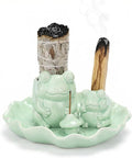 ChangWanna Multifunction 4 in 1 Frog Incense Holder, Palo Santo Holder, Sage Holder, Ceramic Incense Stick Holder for Burning - Cute Ash Catcher Tray for Yoga/Meditation/Home Room Office Decor, Green