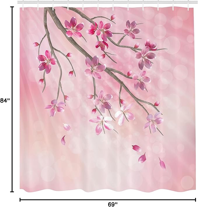 Ambesonne Nature Shower Curtain, Illustration of Spring Tree Branch with Blossoms Sun Beams on Blurred Background, Cloth Fabric Bathroom Decor Set with Hooks, 69" W x 84" L, Pink Fuchsia
