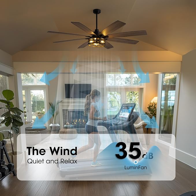 LuminFan 72 inch Large Ceiling Fans with Lights and Remote, Black Modern Ceiling Fan for Living Room, Patios, 6 Speed Reversible Quiet DC Motor, 8 Blades, Easy to Install