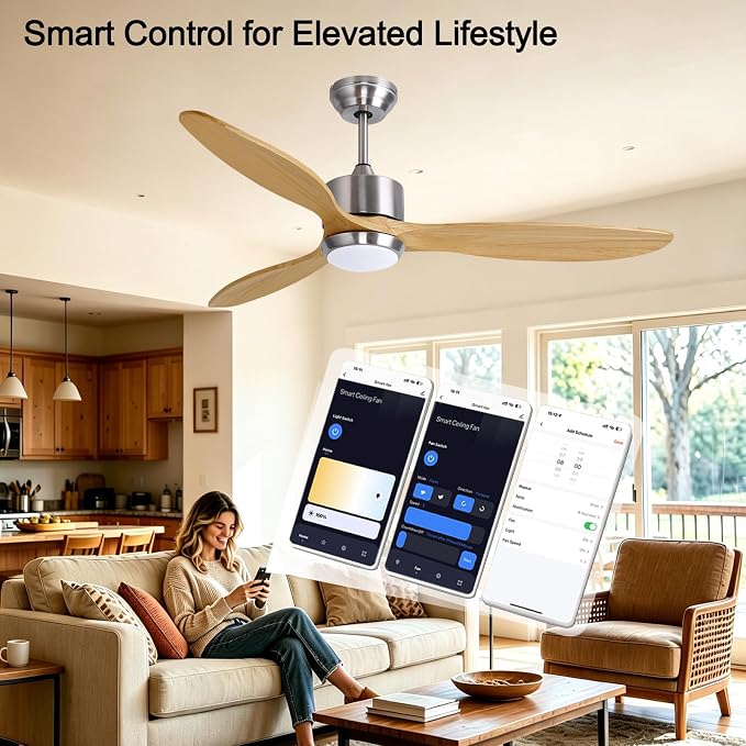 Ovlaim 60 Inch Wood Ceiling Fan with Light, Quiet DC Motor, Smart 6-Speed | 35dB Quiet, Light Wood Blades, 3-Color Dimmable, Memory Function, Reversible Motor, Living Room Patio
