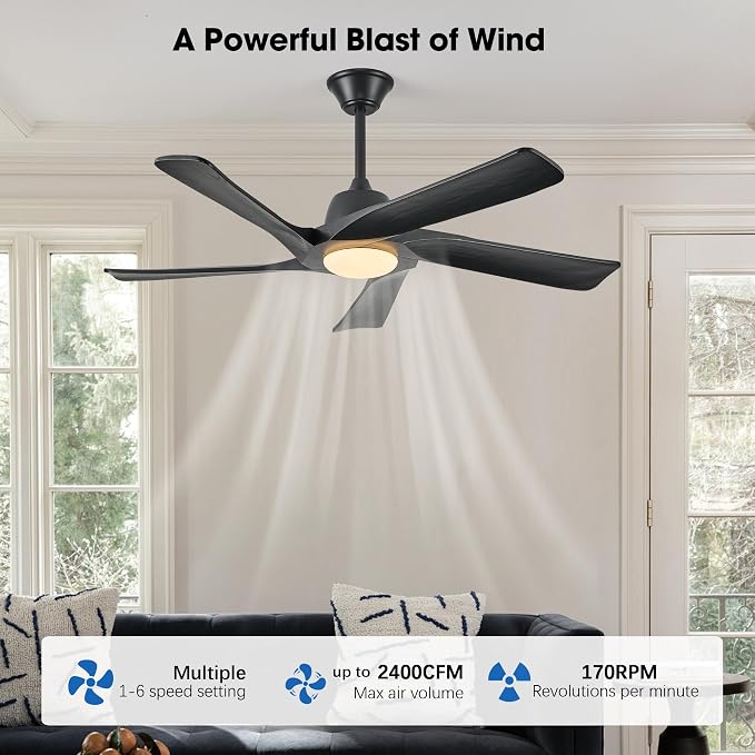 Ceiling Fan with Light, 52 Inch Solid Wood Ceiling Fans, Remote and APP Control, 3-color Dimmable, DC Motor, 6-speed Reversible, for Bedroom, Living Room, Black