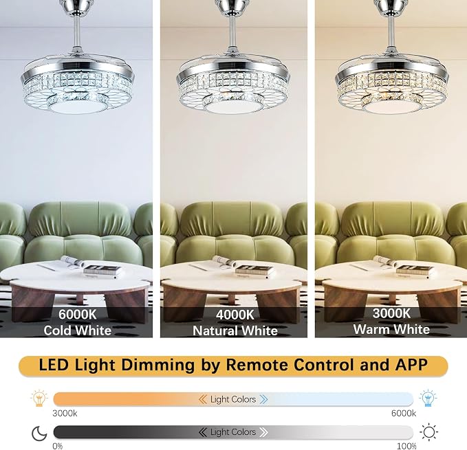 42" Retractable Ceiling Fans with Lights, Crystal Chandelier Ceiling Fan with Remote & APP Control, Modern Dimmable LED Fandelier for Living Room, Dinning Room, Bedroom (Silver)