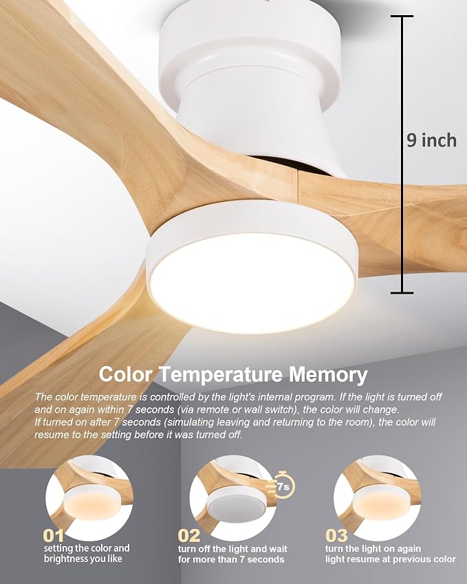 52 Inch Ceiling Fan with Lights, Remote Control, Flush Mount, Dimmable, Reversible, Wood Blades, Power-Off Memory, Quiet DC Motor, Modern Hugger Ceiling Fan for Living Room, Bedroom, Patio