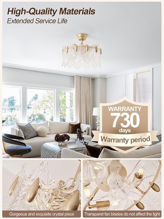 20 Inch Gold Crystal Fandelier Ceiling Fan with Light, Mid Century Gold Fandelier Ceiling Fans with Lights Remote Control, French Country Chandelier with 6 Speeds for Bedroom, Nursery, Living Room