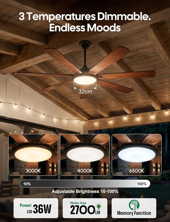 72 inch Smart Wood Ceiling Fan with Large Light, Remote/Alexa/App Control, Farmhouse 7 Solid Walnut Blades, High CFM Airflow Quiet DC Motor, for Indoor High Ceiling, Outdoor Covered Patio, ETL Listed
