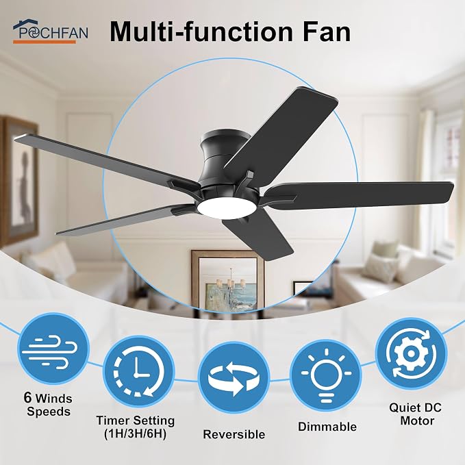 POCHFAN 52 Inch Black Ceiling Fans with Lights and Remote, Flush Mount Low Profile Ceiling Fan for Bedroom, Living Room, Patio, Dimmable 6 Speeds Noiseless Reversible, ETL Listed