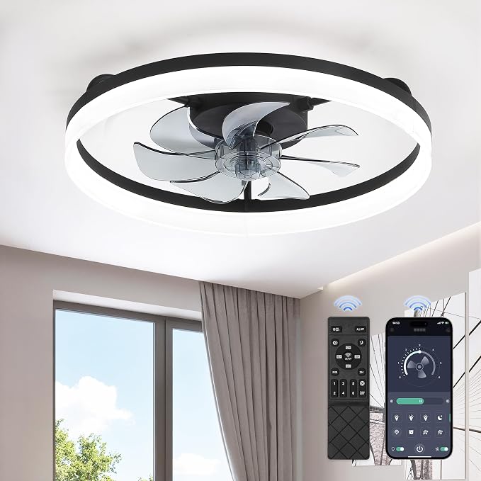 LEDIARY Ceiling Fans with Lights, 20 inch Low Profile Flush Mount Ceiling Fan, Dimmable LED, APP & Remote Control, Quiet Reversible DC Motor, 6 Speeds, Fandelier for Bedroom, Black