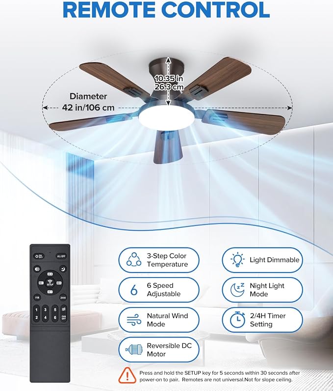 UME 42" Ceiling Fan with Lights & Remote, 6 Blades Low Profile Ceiling Fan, Quiet DC Motor, Natural Wind, 6 Speeds, 3CCT Dimmable 20W LED Modern Ceiling Fan for Bedroom, Living Room, Brown