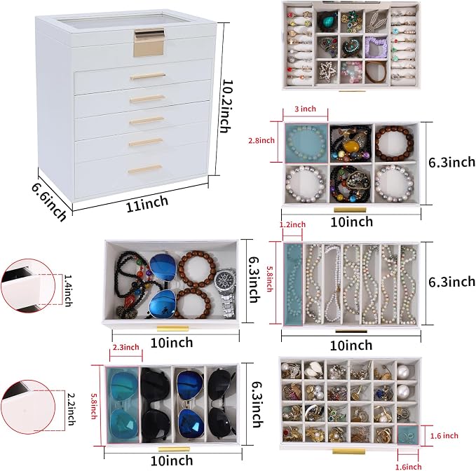 BOOVO Jewelry Boxes for Women, White and Black 6 Layer Large Jewelry Box for Necklace, Bracelet, Earrings, Rings Storage, Jewelry holder Organizer for Girls Gift (Clear White, 6 layer)